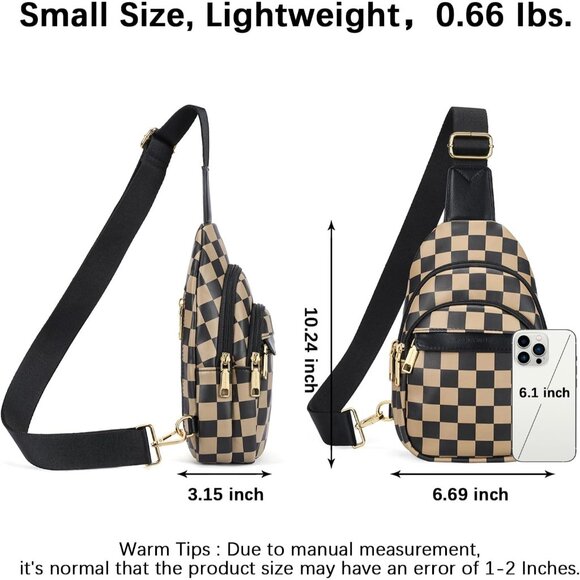 Women Checkered Coffee Imported Leather Small Crossbody Chest Sling Travel Bag - Picture 3 of 8